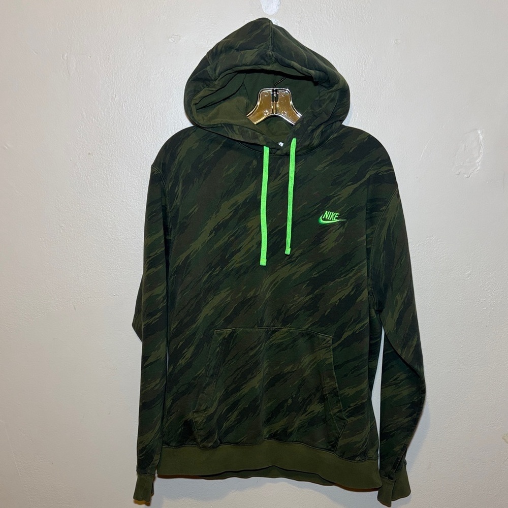 Nike Dark Green Camo Hoodie with Neon Green Drawstrings